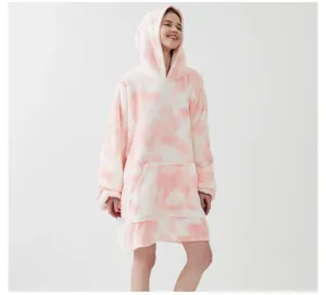 Pink white tie dye wearable blanket detail view, oversized hoodie fleece loungewear comfy.