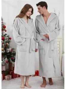 Detailed view of grey couple hooded flannel bathrobe, cozy long loungewear for winter seasons.