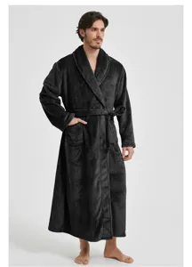 Herren langer Plüsch Flanell Bademantel mit Schalkragen, Bindegürtel und tiefen Taschen.