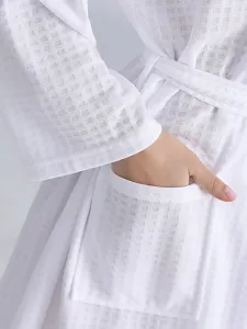White waffle bathrobe for women men lightweight spring summer sleepwear pocket bath robe.