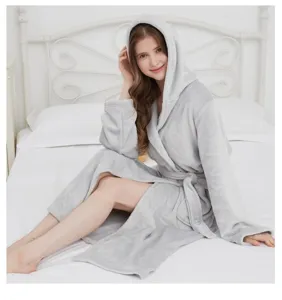 Cozy grey flannel hooded bathrobe detail, soft plush fabric for comfortable homewear.