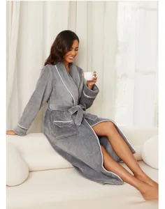 Grey flannel plush long bathrobe with white piping detail, cozy loungewear for women.