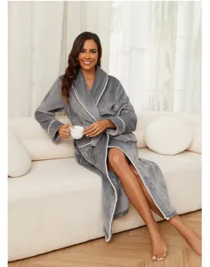 Cozy grey flannel bathrobe detail showing soft texture, elegant white trim and comfortable fit.