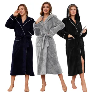 Women's Coral Fleece Bathrobe Thickened Winter Hooded Long Sleepwear Robe With Belt Casual Long Sleeve Home Bath Robe