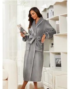 Cozy long fleece bathrobe for women, winter plush sleepwear with belt and pockets.