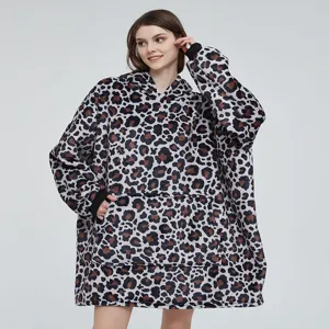 Oversized leopard print fleece wearable blanket hoodie for cozy winter home lounging comfort