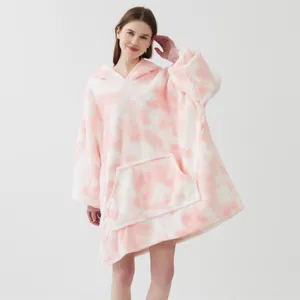 Women's Casual Oversized Tie-Dye Wearable Blanket Hoodie Winter Warm Fleece Loungewear Sleepwear Long Sleeve Pullover