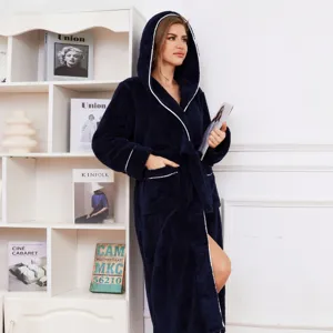 Women's Hooded Coral Fleece Bathrobe Plush Sleepwear Long Bath Robe with Belt Pocket
