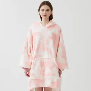 Pink white tie dye oversized wearable blanket hoodie for cozy winter lounging and home comfort.