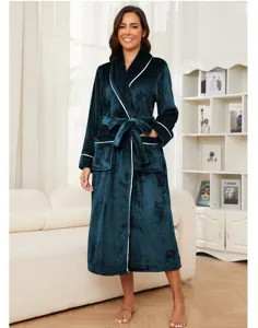 Long flannel bathrobe for women, cozy plush sleepwear with contrast piping and belt detail.