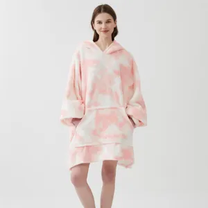 Cozy pink white tie-dye wearable blanket hoodie with front pocket for cozy winter relaxation