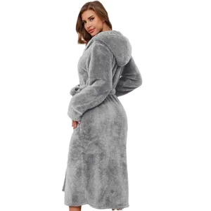 Women plush hooded bathrobe cozy long fleece winter sleepwear housecoat soft grey.