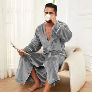 Men's grey flannel thick bathrobe comfortable sleepwear lounge robe with white piping details