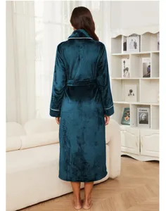Long flannel bathrobe for women and men, cozy plush nightgown in dark teal with white piping.