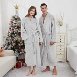 Bates de franela gris para parejas en otoño e invierno, ropa de dormir larga y cómoda.