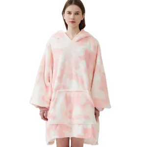 Oversized pink white tie-dye wearable blanket hoodie for women, cozy winter sleepwear.