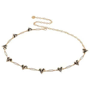 Gold metal chain belt with black enamel heart charms for women, stylish waist accessory.