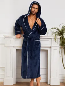 Men's plush flannel hooded bathrobe, cozy dark blue sleepwear with white piping.