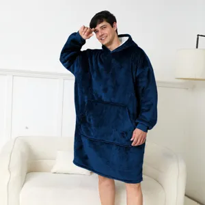 Cozy fleece wearable blanket hoodie for men and women, warm oversized pullover lounge wear.