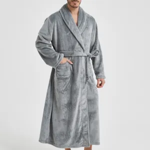 Gemütlicher Herren Flanell Bademantel grau kuscheliger langer Schlafanzug Homewear