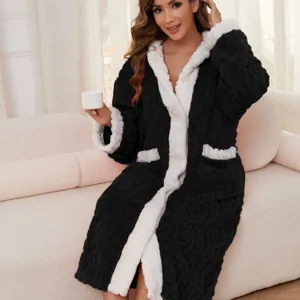 Women's plush fleece bathrobe winter cozy long sleepwear black and white hooded robe
