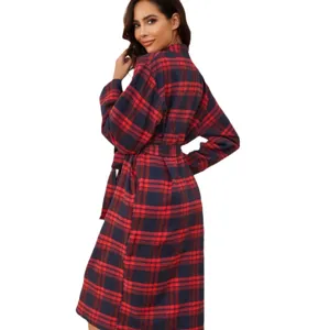 Femme robe de chambre carreaux flanelle manches longues vetement de nuit hiver chaud doux