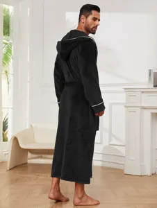Men's thick flannel hooded bathrobe with black long design and white trim details.