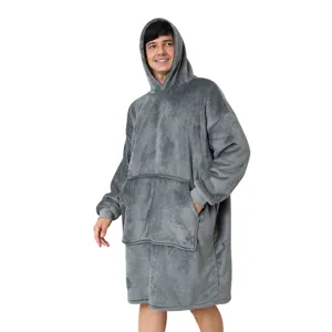Grey flannel hooded wearable blanket for cozy autumn winter home wear, oversized lazy hoodie.
