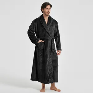 Herren schwarzer Flanell Revers Bademantel kuschelige Plüsch Nachtwäsche Winter Gürtel