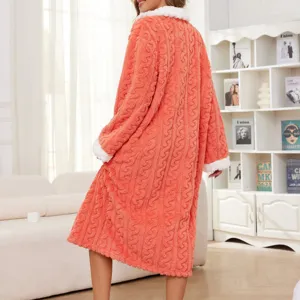 Women winter plush fleece bathrobe, cozy thick cable knit long sleepwear loungewear.