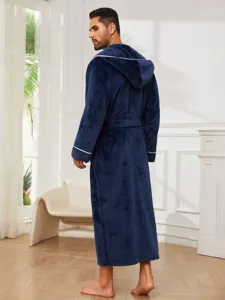 Men's flannel hooded bathrobe in dark blue with white piping, cozy and thick sleepwear.