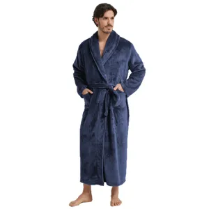 Herren dunkelblaue Flanell Plüsch Bademantel mit Schalkragen Gürtel, gemütliche Nachtwäsche.