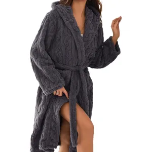 Gemütlicher Damen Bademantel Plüsch Fleece Kapuze Winter warm Zopfmuster Hauskleidung