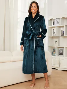 Dark green flannel bathrobe for women and men, plush long nightgown with white piping.