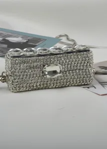Detail van rechthoekige strass-heuptas met zilveren metalen ketting, elegant en stijlvol.