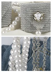 Detailansicht der glitzernden Strass-Taillentasche mit Perlen und eleganter Kamelie.