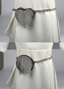 Mujer moda diamantes imitacion flecos cintura cadena bolsito elegante cinturon metal