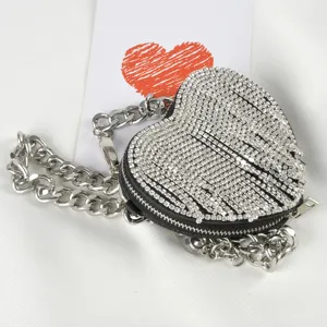 Bolso Mini de Moda para Mujer con Diamantes de Imitación Corazón Redondo Cadena de Cintura Cinturón Dulce Brillante Borla Metal Joyería