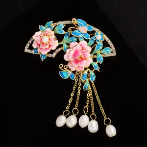 Chinese style fan brooch with pink peony enamel and pearl tassels for Hanfu outfits.