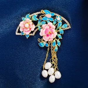 Vintage enamel peony folding fan brooch with pearl tassel detail, elegant Chinese style pin.