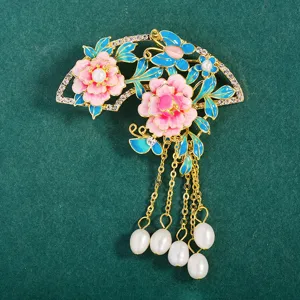 Exquisite Chinese style peony enamel brooch with delicate rhinestones and pearl tassels detail.
