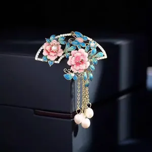 Vintage Peony Fan Brooch Enamel Flower Tassel Pin Rhinestone Inlaid Accessory For Hanfu Cheongsam Women Retro Chinese Style Jewelry