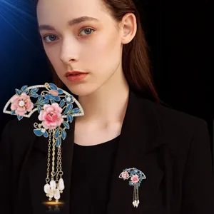 Exquisite Chinese style enamel peony fan brooch with pearl tassels for traditional hanfu dress.