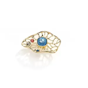 Detailweergave van de lotusblad magneetbroche met blauwe kristal en strass stenen
