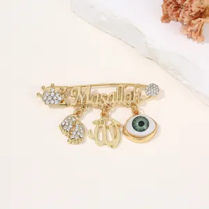 Goldene böser Blick Strass Brosche mit Masallah und Anhängern für Damen Pullover.