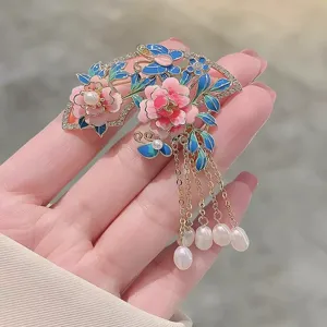 Exquisite Chinese style peony brooch detail, enamel fan flower tassel design for women hanfu.