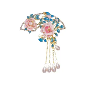 Elegant enamel peony fan brooch with hanging pearl tassels, perfect for Hanfu and cheongsam.
