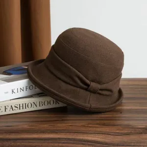 Brown retro folded flat-top wide-brim hat for women, casual autumn bucket cloche hat.
