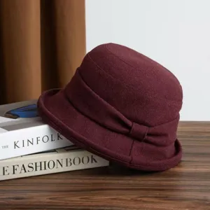 Retro pleated wine red cloche hat detail view, elegant wool blend bucket hat for women.