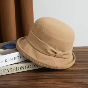 Women vintage pleated flat top wide brim bucket hat casual chic felt hat for spring autumn